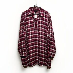 Lane Bryant 22W 24W Purple Pink Rayon Flannel Plaid Lace Up Collar Tunic Top